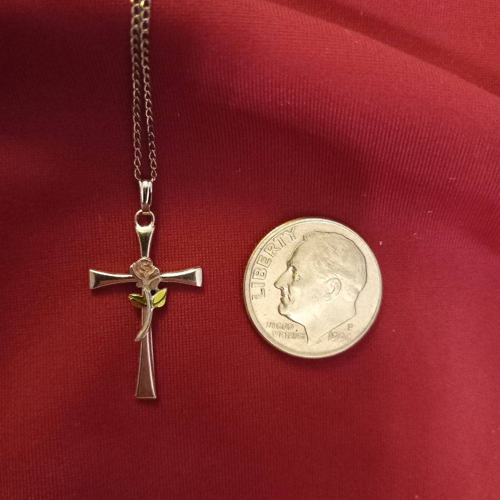 STERLING SILVER CROSS WITH ENAMELED COLORED ROSE NECKLACE